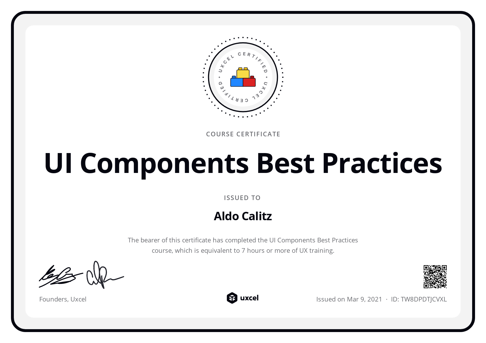 Aldo Calitz's certificate